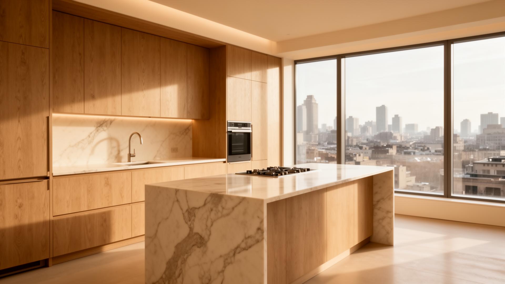 Cocina remodelada premium con isla de mármol y acabados de madera